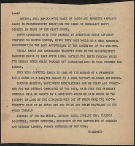 [Associated Press] press release, Boston, Mass., August 22, [1947]
