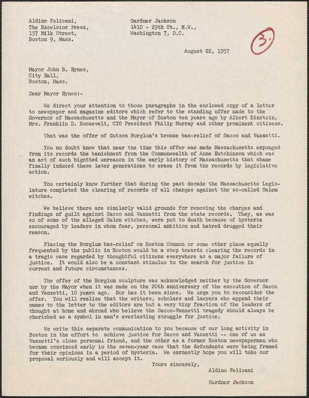 Aldino Felicani and Gardner Jackson typed letter to John B. Hynes, Boston, Mass., August 22, 1957