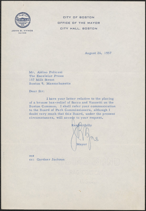 John B. Hynes (City Of Boston, Office Of The Mayor) Typed Letter Signed ...