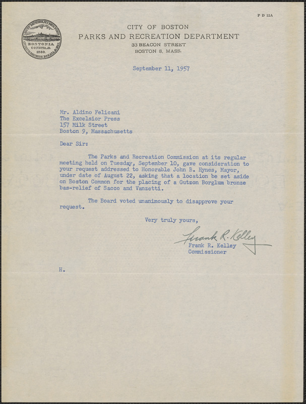 Frank R. Kelly (City of Boston. Parks and Recreation Department) typed note signed to Aldino Felicani, Boston, Mass., September 11, 1957