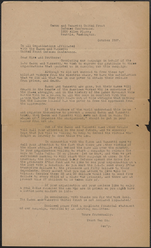 Evert Van Ee (Sacco-Vanzetti United Front Defense Conference) typed letter (circular), Seattle, Wash., October 1927