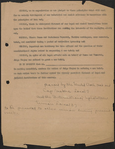 United Hat Cloth and Cap Makers Local 7 and the International Upholsterers Union Local 37 typed resolution, approximately [1924-1927]