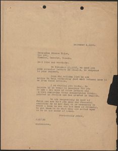 A. L. Carpenter [Sacco-Vanzetti Defense Committee] typed letter (copy) to Porcupine Miners Union, [Boston, Mass.], December 4, 1923