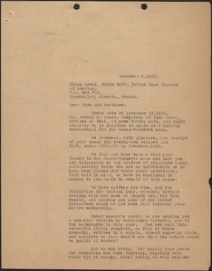 A. L. Carpenter [Sacco-Vanzetti Defense Committee] typed letter (copy) to Atlas Local Union 4687, United Mine Workers of America, [Boston, Mass.], December 4, 1923