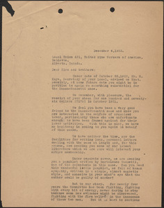 A. L. Carpenter [Sacco-Vanzetti Defense Committee] typed letter (copy) to Local Union 431, United Mine Workers of America, [Boston, Mass.], December 4, 1923