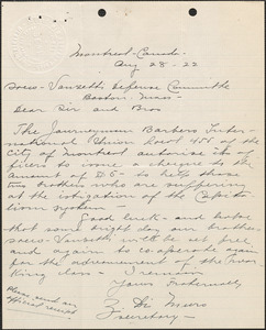 Z. Di Muro (Journeymen Barbers' International Union, Local 455) autograph letter signed to Sacco-Vanzetti Defense Committee, Montreal, Canada, August 28, 1922
