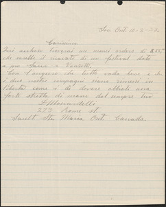 D. [Monardelli?] autograph letter signed, in Italian, to [Sacco-Vanzetti Defense Committee], Sault Ste. Marie, Ontario, October 2, 1923