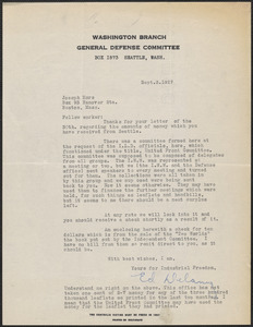 Ed Delany (Washington Branch, General Defense Committee) typed letter signed to Joseph Moro, Seattle, Wash., September 3, 1927