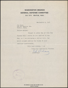 Ed Delany (Washington Branch, General Defense Committee) typed note signed to Joseph Moro, Seattle, Wash., September 3, 1927