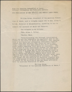 American Federation of Labor, Official Information and Publicity Service press release, [Washington, D. C.], August 8, [1927]
