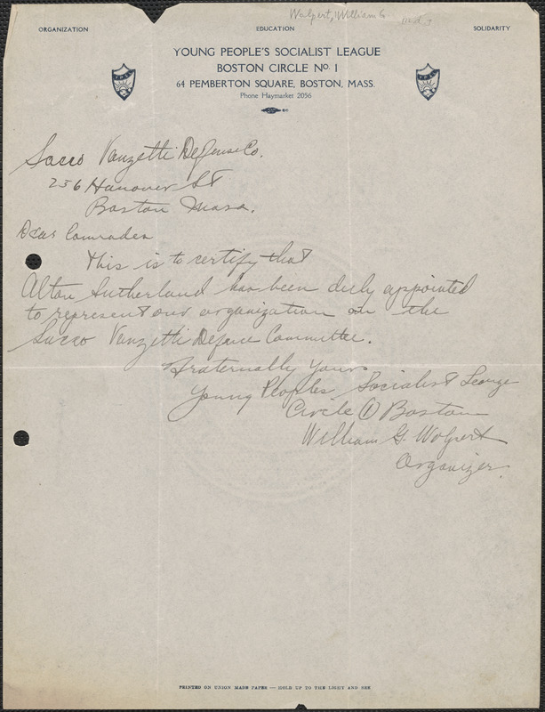 William G. Walpert (Young People's Socialist League) autograph note signed to Sacco-Vanzetti Defense Committee, Boston, Mass., [1921-1927]