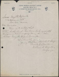 William G. Walpert (Young People's Socialist League) autograph note signed to Sacco-Vanzetti Defense Committee, Boston, Mass., [1921-1927]