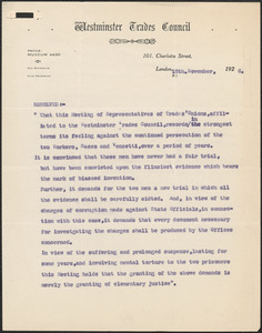 Westminster Trades Council typed resolution (copy), London, Eng., November 18, 1926