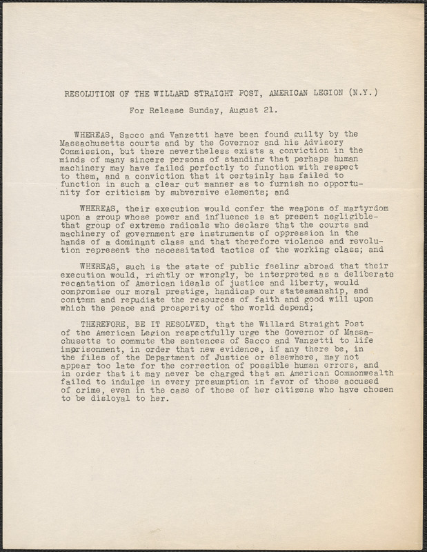 Willard Straight Post, American Legion (N. Y.) typed resolution, New York, August 21, [1927?]; Resolution of the Willard Straight Post, American Legion (N.Y.)