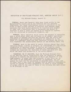 Willard Straight Post, American Legion (N. Y.) typed resolution, New York, August 21, [1927?]; Resolution of the Willard Straight Post, American Legion (N.Y.)