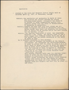 Worcester, Mass. Sacco-Vanzetti Protest Meeting typed resolution, Worcester, Mass., April 16, 1927