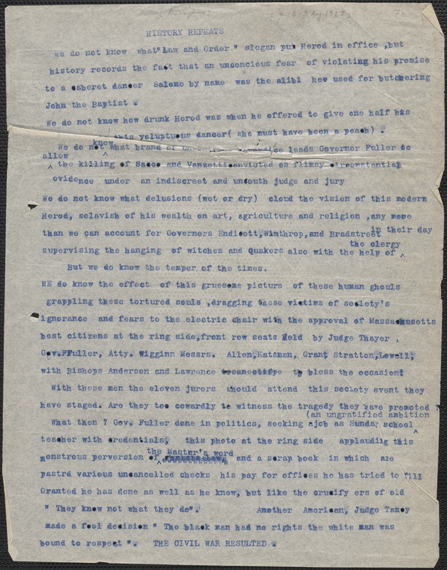 Typed note to the Sacco Vanzetti Defense Committee, approximately [May 4-9, 1927]: History repeats