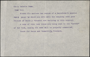 Typed note to Sacco-Vanzetti Defense Committee, [Barcelona, Spain?, 1920-1927]