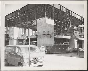 Construction of Boylston Building, Boston Public Library, construction at corner of Exeter Street and Blagden Street