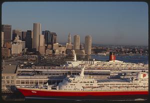 Cruise ships Queen Elizabeth II and Oceanic at terminal, South Boston