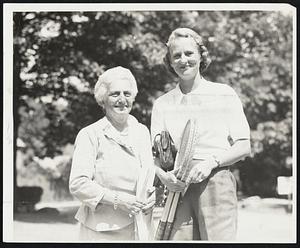 Long-Time Friends Shown Today At Longwood tennis tournament are Mrs. Hazel Hotchkiss Wightman, Dowager Queen of Tennis, and Mrs. Quincy A. Shaw-McKean, the former Katherine Winthrop of Boston. Mrs. Shaw-McKean was playing Mrs. Baba Madden Lewis today for the Massachusetts Women's tennis championship at the Brookline courts.