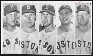 Red Sox Quintet traded to the Washington Senators in today’s big nine-player deal are, left to right, pitchers Dick Brodowski, Al Curtis, and Truman Clevenger, and outfielders Neil Chrisley and Karl Olson. The Hose received in return pitchers Bob Porterfield and Johnny Schmitz, first baseman Mickey Vernon and Outfielder Tommy Umphlett.