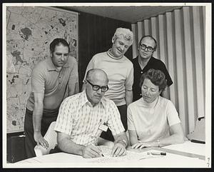Checking Scores at the Herald Traveler - MBA Bowling Tournament are scorekeeper Tony Czernicki and tournament director Hellen Sellew (front). Standing, from left, are all-events leader Walter Finn, North Quincy; TV champ Joe Donovan, Billerica, and all-events contender Leo DiVico, Watertown.