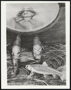 A Fisheye View of Man. This is the way a fish sees a fisherman according to a display at the American Museum of Natural History in New York. One of a group of exhibits which attempt to show the world as seen through the eyes of animals. Physical conditions of the stream distort the figure of the man who appears in natural color to the fish which is not color blind like the dog. The exhibit was prepared by artists and craftsmen of the Work Projects Administration.