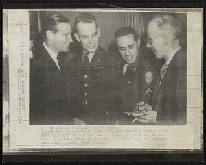 London. Gov. Tobin greets former members Boston City Hospital Unit he saw off Dec 5,1942. L to R Gov. Tobin, Capt. John Freynolds of Boston City Hospital, CPL Vincent Sangster, Quincy, John Lynch.