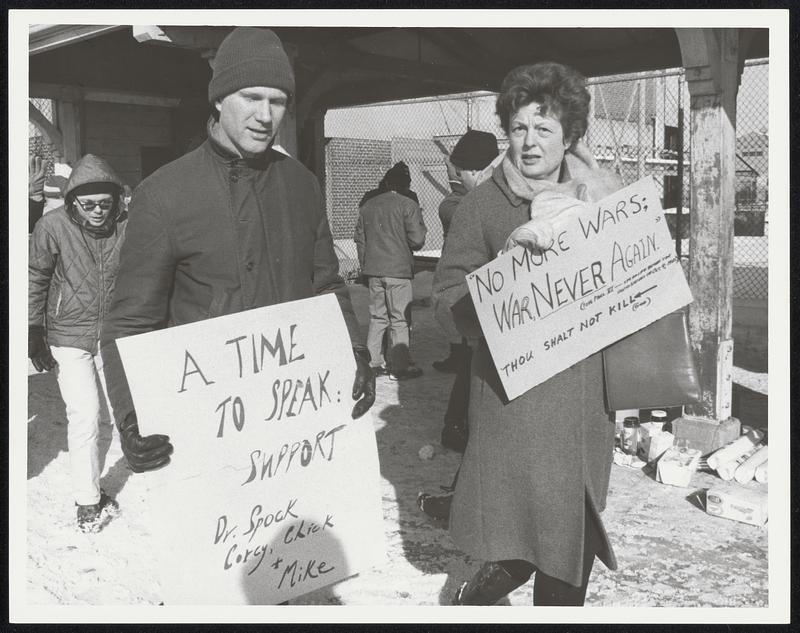 On left: John Maher. On right: Mrs. A. G. Ginooves, house wife of Wellesley, wants to support boys who are brave enough to stick out their neck in demonstration against Vietnam draft. She has 5 children herself, oldest son 14.
