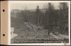 Contract No. 44, Extension of Belchertown-Pelham Highway, New Salem, Orange, looking at relief ditch from near Sta. 1040+00 before blasting, New Salem, Mass., Jan. 31, 1934