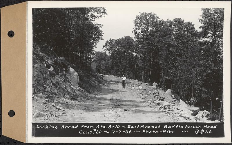 Contract No. 60, Access Roads to Shaft 12, Quabbin Aqueduct, Hardwick and Greenwich, looking ahead from Sta. 8+10, Greenwich and Hardwick, Mass., Jul. 7, 1938