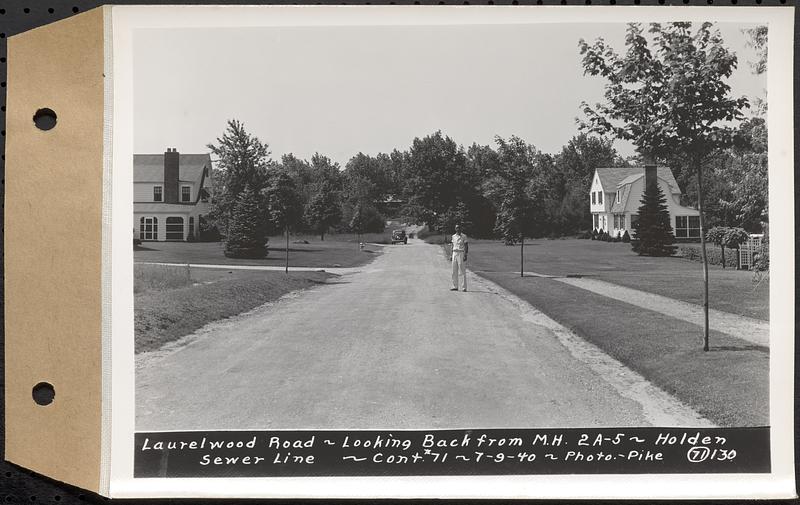 Contract No. 71, WPA Sewer Construction, Holden, Laurelwood Road, looking back from manhole 2A-5, Holden Sewer Line, Holden, Mass., Jul. 9, 1940