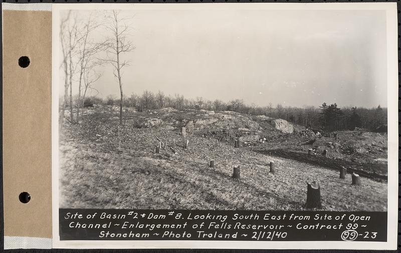 Contract No. 99, Enlargement of Fells High Level Distribution Reservoir, Stoneham, Malden, Melrose, site of basin 2 and dam 8, looking southeast from site of open channel, enlargement of Fells Reservoir, Stoneham, Mass., Feb. 12, 1940