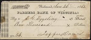 Check signed by Jefferson Davis made out to E.G. Eggeling 1863 January 26