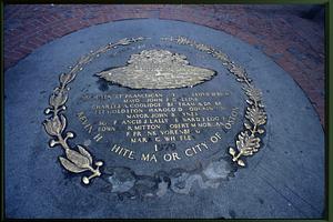 Boston circa 1989: "Builders of the new Boston" plaque on the pavement of the city's Downtown Crossing area