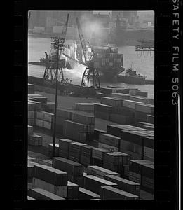 Ship carrying container cargo on Mystic River, Boston