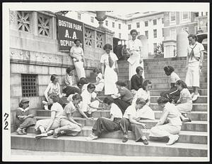 Group of girls, contestants in jackstraw contest of Boston park department, under PWA, practicing on the steps of Boston Common, just opposite the State House.