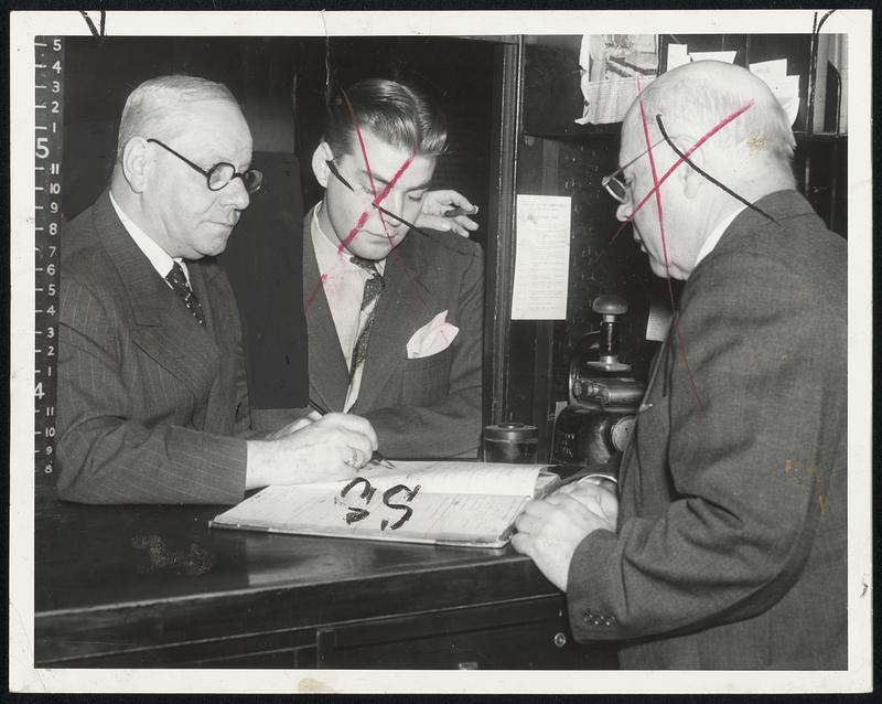 “Mal” Nichols Enters Race - Malcom Nichols, former mayor of Boston, was pictured applying for nomination papers for mayor at the election commissioners’ office today. His son, Clark S. Nichols, in center, and Frank A. Sughrue, executive clerk of the elections department, right, watch the proceedings.