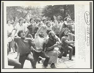 Ohio State University students throw marshmallows at the administration building 5/28 in a protest of what they called "the absurdity" of Ohio National Guard troops on the campus. Troops were withdrawn from the school late 5/28 because the school would be closed Friday through Sunday for the Memorial Day weekend.