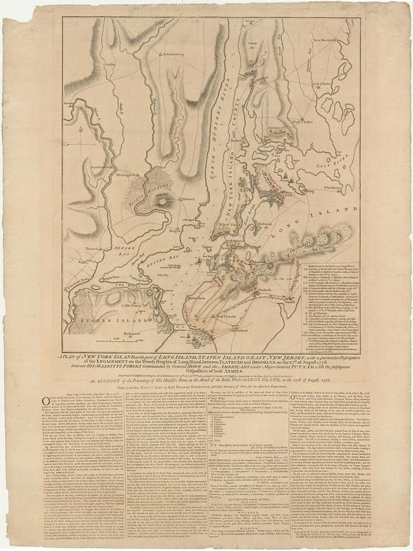 A plan of New York Island, with part of Long Island, Staten Island & east New Jersey, with a particular description of the engagement on the Woody Heights of Long Island, between Flatbush and Brooklyn, on the 27.th of August 1776 between His Majesty's forces commanded by General Howe and the Americans under Major General Putnam, with the subsequent disposition of both the armies