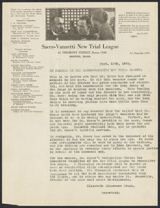 Sacco-Vanzetti Case Records, 1920-1928. Prosecution Papers. Open letter from Sacco-Vanzetti New Trial League, September 12, 1924. Box 24, Folder 5, Harvard Law School Library, Historical & Special Collections