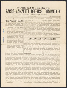 Sacco-Vanzetti Case Records, 1920-1928. Prosecution Papers. The Official Bulletin of the Sacco-Vanzetti Defense Committee of Boston, Mass Vol. 1, no. 5, October 1926. Box 24, Folder 13, Harvard Law School Library, Historical & Special Collections