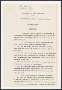 Sacco-Vanzetti Case Records, 1920-1928. Prosecution Papers. Hearing before Governor's Advisory Committee Defendants' Brief, [1927]. Box 24, Folder 14, Harvard Law School Library, Historical & Special Collections