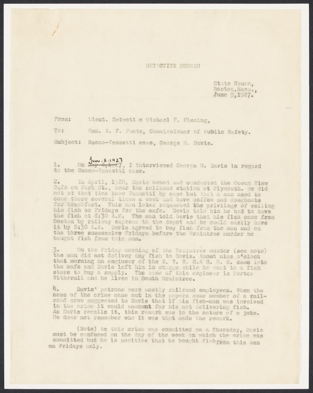 Sacco-Vanzetti Case Records, 1920-1928. Prosecution Papers. Memo from ...