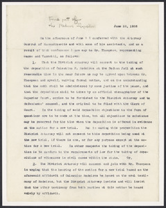 Sacco-Vanzetti Case Records, 1920-1928. Prosecution Papers. Notes re: Madeiros deposition, June 10, 1926. Box 25, Folder 4, Harvard Law School Library, Historical & Special Collections