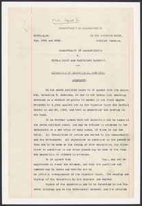 Sacco-Vanzetti Case Records, 1920-1928. Prosecution Papers. Deposition of Celestino F. Madeiros, [1926]. Box 25, Folder 9, Harvard Law School Library, Historical & Special Collections