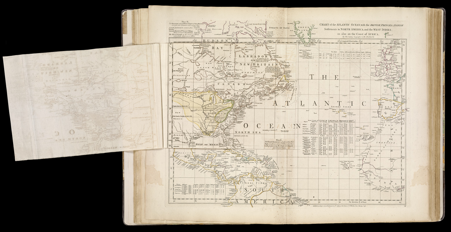 Chart of the Atlantic Ocean, with the British, French, & Spanish settlements in North America, and the West Indies