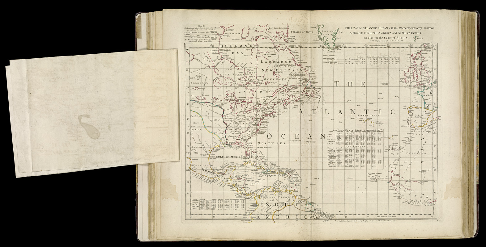 Chart of the Atlantic Ocean, with the British, French, & Spanish settlements in North America, and the West Indies
