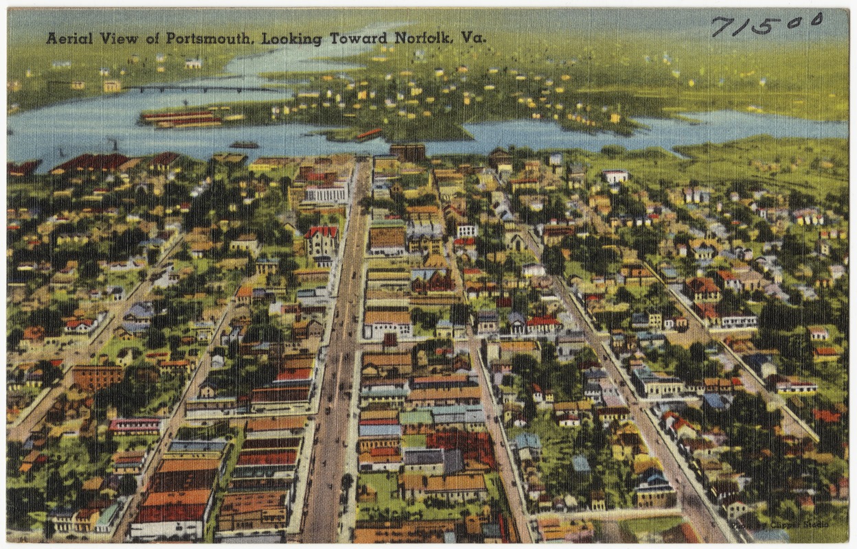 Aerial view of Portsmouth, looking toward, Norfolk, Va.